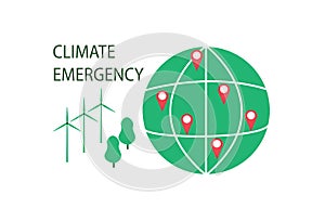 Climate Emergency Declaration Vector. Environmental issues, signing a petition. Wind farms, renewable energy, green trees, geoloca photo