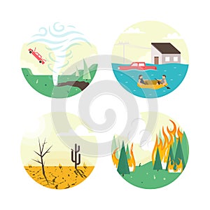 Climate emergency icon set, illustrating such ecological problems as tornado formation, flood, drought and forest fire. photo