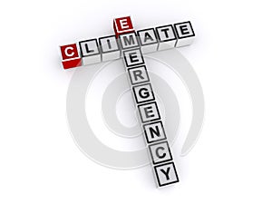 Climate emergency word block on white photo