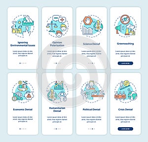 Climate skepticism and conspiracy onboarding mobile app page screen set