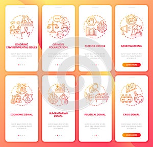 Climate skepticism red gradient onboarding mobile app page screen set