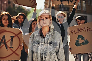 Climate strike. Young woman in casual wear protesting with group of activists outdoors on road