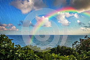 Climate and weather changes concept with rain and rainbow. photo