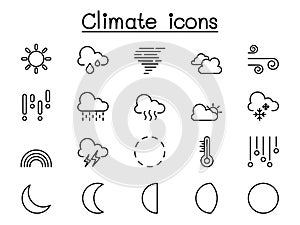 Climate, weather icons set in thin line style
