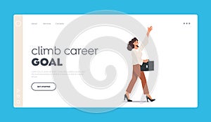 Climb Career Goal Landing Page Template. Happy Female Character Waving Hand. Young Positive Woman in Formal Wear