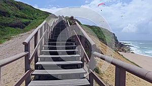 Climb Up via Wooden Stairs with Railing