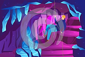Climber adventure in mountains, study ice caves, extreme sport speleology spelunker vector illustration. Rocks in photo