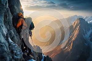 Climber ascending mountain with backpack