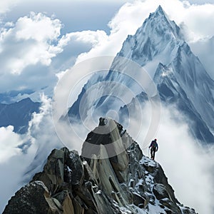 Climber ascending a rocky ridge with majestic snowy peaks and clouds