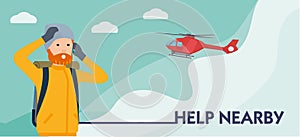 The climber calls for help on mountain snow landscape. Banner. Help nearby. Flat cartoon illustration vector set. Active