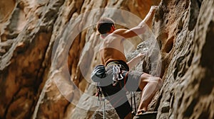 A climber clings to the sheer rock face, fingers gripping the rough surface, AI generated