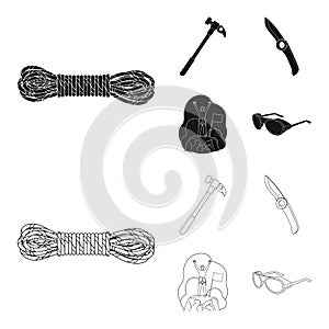 Climber on conquered top, coil of rope, knife, hammer.Mountaineering set collection icons in black,outline style vector
