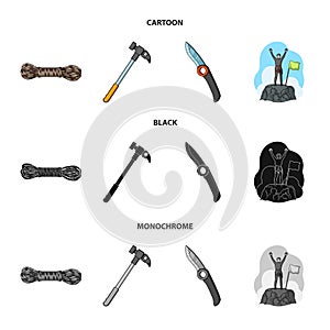 Climber on conquered top, coil of rope, knife, hammer.Mountaineering set collection icons in cartoon,black,monochrome