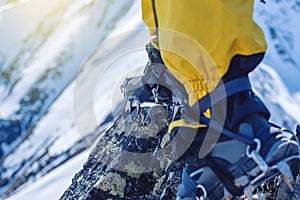 Climber in crampons stands on the rocks in front of the entrance to the peak on the background of the snowy mountains.