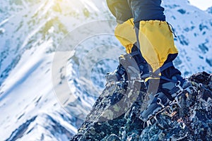 Climber in crampons stands on the rocks in front of the entrance to the peak on the background of the snowy mountains.