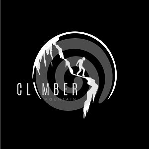 Climber figure on mountain silhouette logo template, climb icon, extreme sport challenge, hiker label, risk rock