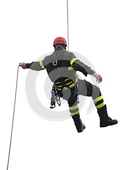 Climber of firefighters with red helmet