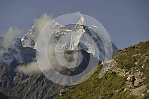 Climber on Khumbu Valley. Himalaya, Nepal.