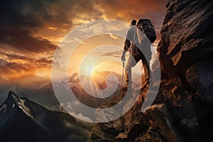 Climber man climbing a large mountain at sunset.The concept of mountain tourism, travel, leadership, success,on the top.