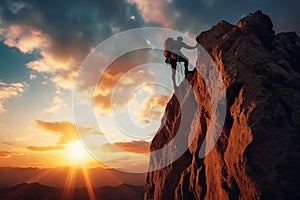 Climber man climbing a large mountain at sunset. The concept of mountain tourism, travel, leadership, on the top.