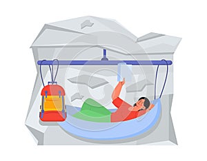 Climber at mountain in hammock vector concept photo