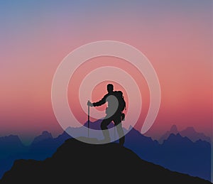 A Climber At The Mountaintop, Mountaineering, Sunset