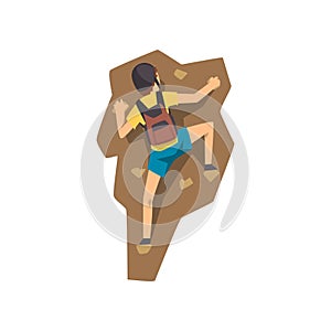 Climber in protective helmet climbing rock mountain, extreme sport and leisure activity concept vector Illustration on a