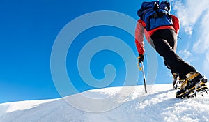 A climber reaches the top of a snowy mountain. Concept: courage, success, perseverance, effort, self-realization. photo