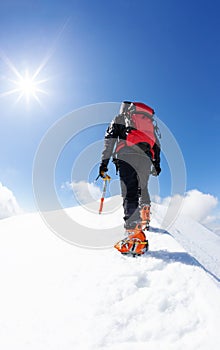 A climber reaching the summit of a snowy mountain peak. concept: overcome adversity, achieve goals