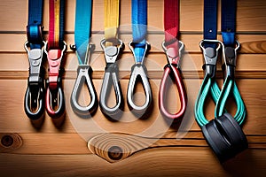 A climber's carabiner collection neatly arranged on a climbing harness, showcasing the variety of equipment used