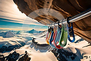A climber's carabiner collection neatly arranged on a climbing harness, showcasing the variety of equipment used