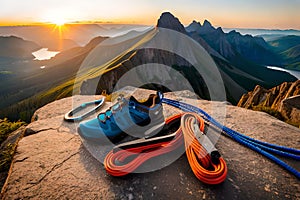 A climber\'s gear laid out on a rocky ledge, including carabiners, ropes, and quickdraws, ready for the ascent