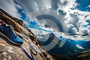 A climber\'s gear laid out on a rocky ledge, including carabiners, ropes, and quickdraws, ready for the ascent