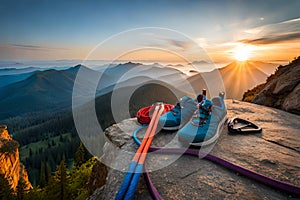 A climber\'s gear laid out on a rocky ledge, including carabiners, ropes, and quickdraws, ready for the ascent