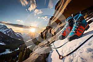 A climber\'s gear laid out on a rocky ledge, including carabiners, ropes, and quickdraws, ready for the ascent