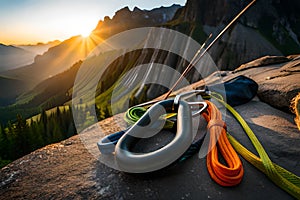 A climber\'s gear laid out on a rocky ledge, including carabiners, ropes, and quickdraws, ready for the ascent