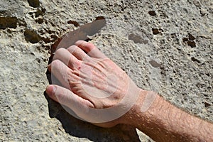 Climber`s hand holding on to rock