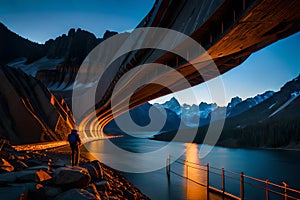 A climber\'s headlamp casting a warm glow on the rock wall, illuminating the way during a predawn ascent