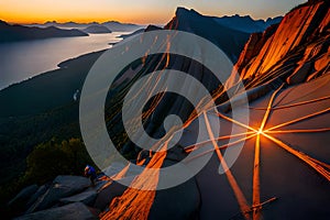 A climber\'s headlamp casting a warm glow on the rock wall, illuminating the way during a predawn ascent