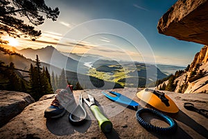 A climber\'s nut tool and protection gear laid out on a rocky ledge, ready for traditional lead climbing