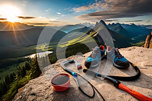 A climber\'s nut tool and protection gear laid out on a rocky ledge, ready for traditional lead climbing