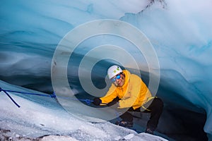 Climber in Glacier in Skaftafell, Iceland.