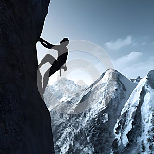 Climber on steep rock mountain silhouette, snowy mountains and blue sky in background