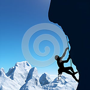Climber on steep rock mountain silhouette, snowy mountains and blue sky in background