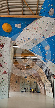 Climbers on the artificial walls in the MAGNET Trainingszentrum für Sportkletterer hall in Bern.