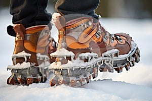 a climbers boots with crampons stepping into fresh snow