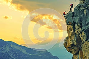 Climbers conquering challenging rock formations in mountain.