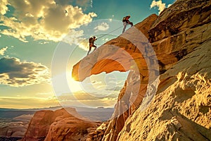 Climbers conquering challenging rock formations in mountain.