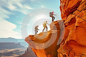 Climbers conquering challenging rock formations in mountain.