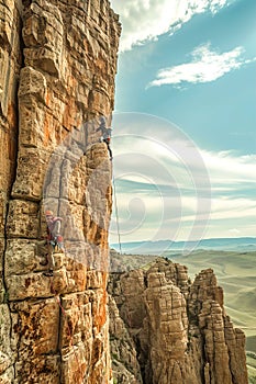 Climbers conquering challenging rock formations in mountain.